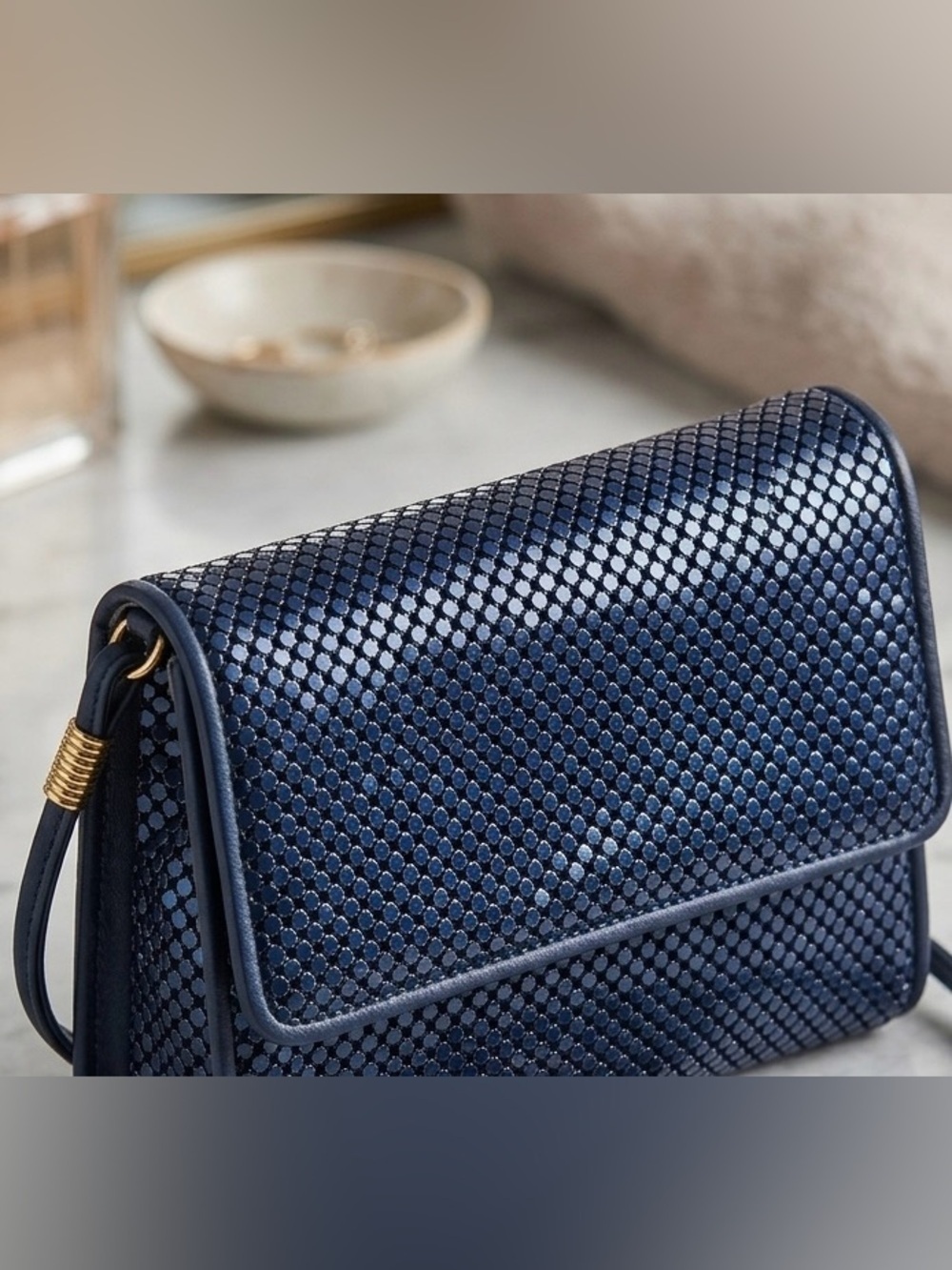 Vintage Whiting & Davis Navy Blue Metal Mesh Crossbody Evening Clutch